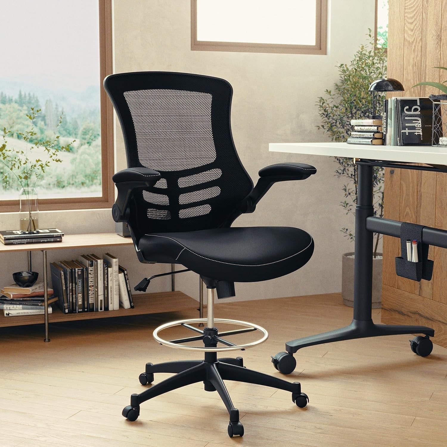 Kelista Mid-Back Swivel Office Chair with Adjustable Leathersoft Seat Height, Ergonomic Mesh Chair with Flip-Up Arms, Black-1