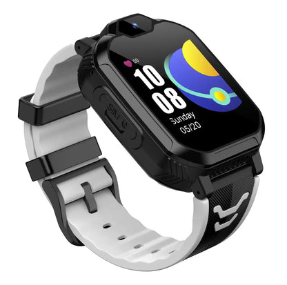 Black and white rectangular A4 smartwatch with camera, digital display, GPS, and 4G network frequency band