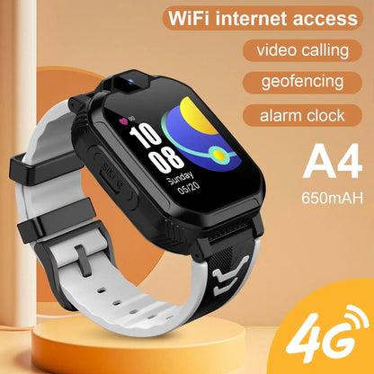 Black and white A4 smartwatch with camera supporting 4G calls and GPS network frequency band