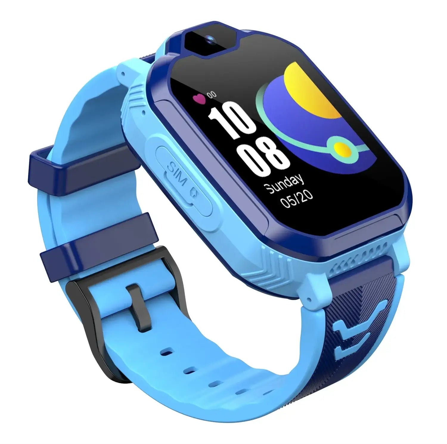 Blue and dark blue kids smartwatch with black buckle supporting 4G calls GPS and sleep monitoring