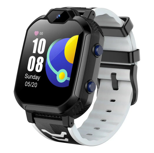 Black and white A4 smartwatch with camera, blue buttons, supports 4G calls and GPS