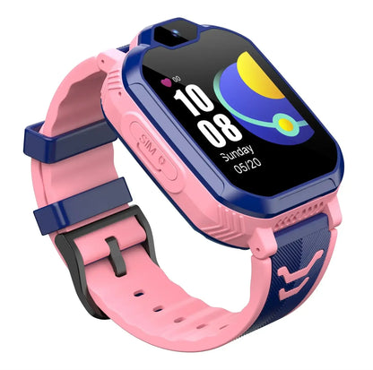 Pink and blue children’s smartwatch with digital display, supports 4G calls and GPS
