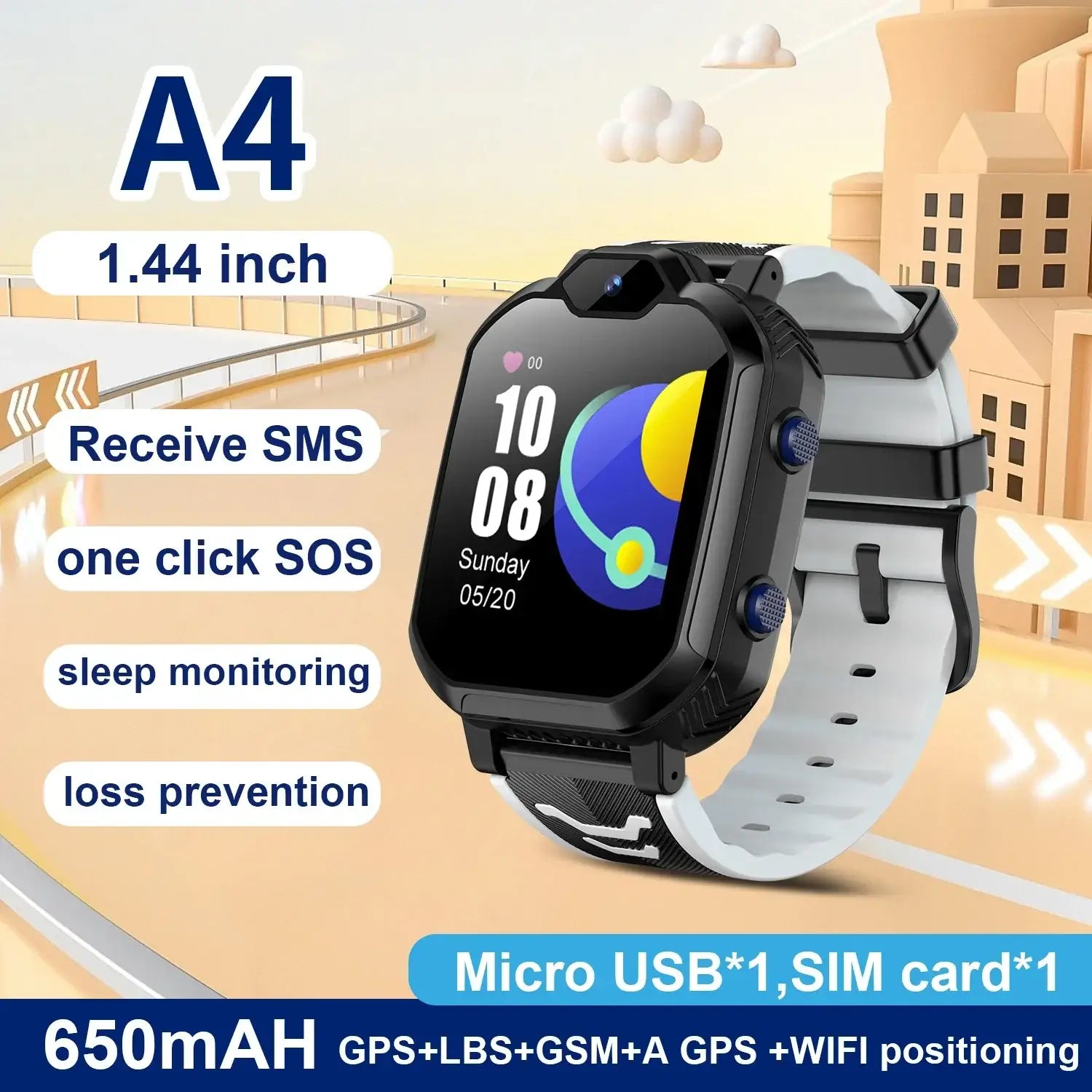 Black and white kids smartwatch with GPS, 4G calls, sleep monitoring, network frequency band