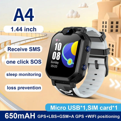 Black and white kids smartwatch with GPS, 4G calls, sleep monitoring, network frequency band