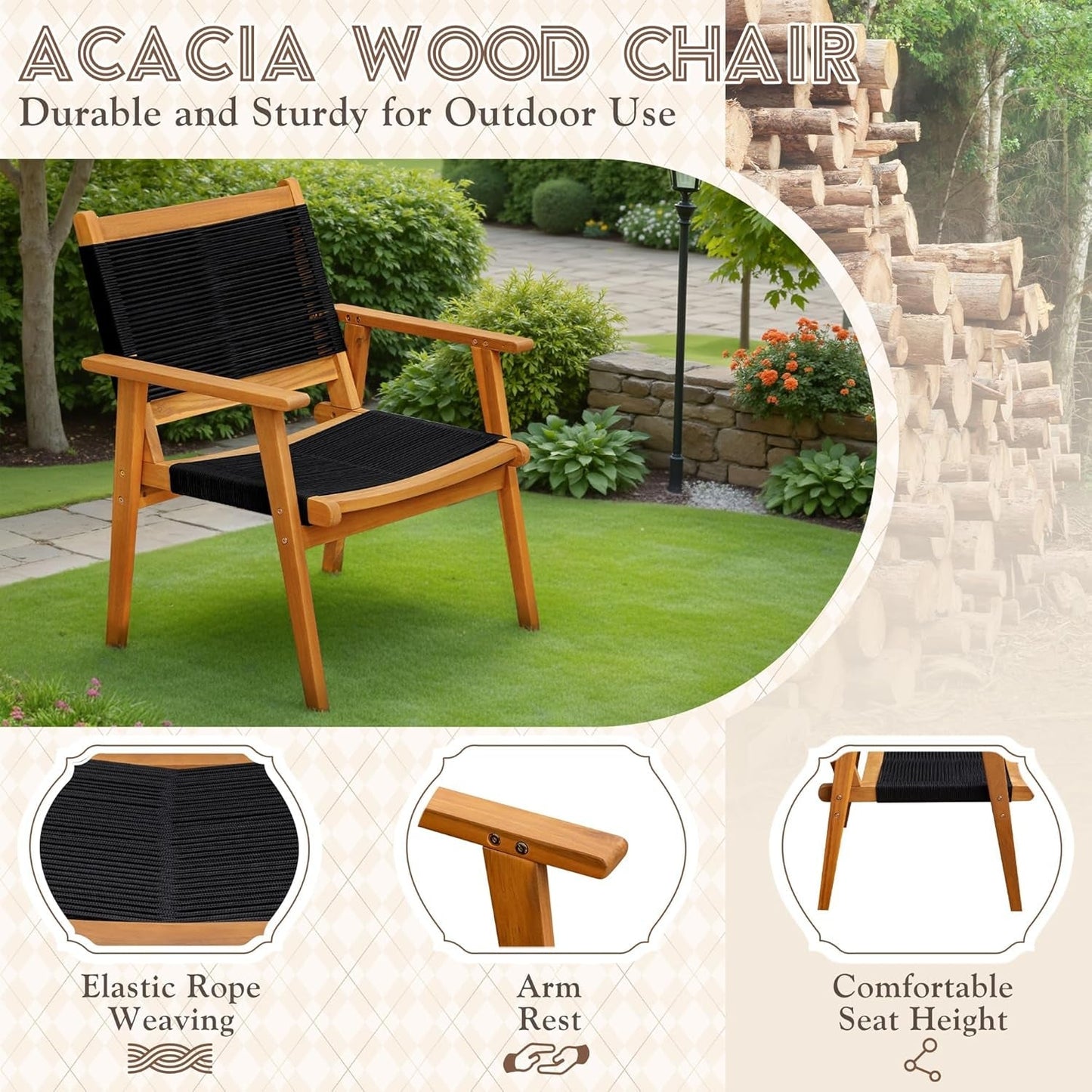 Acacia Wood Patio Conversation Set with Comfortable Rope Seats-3