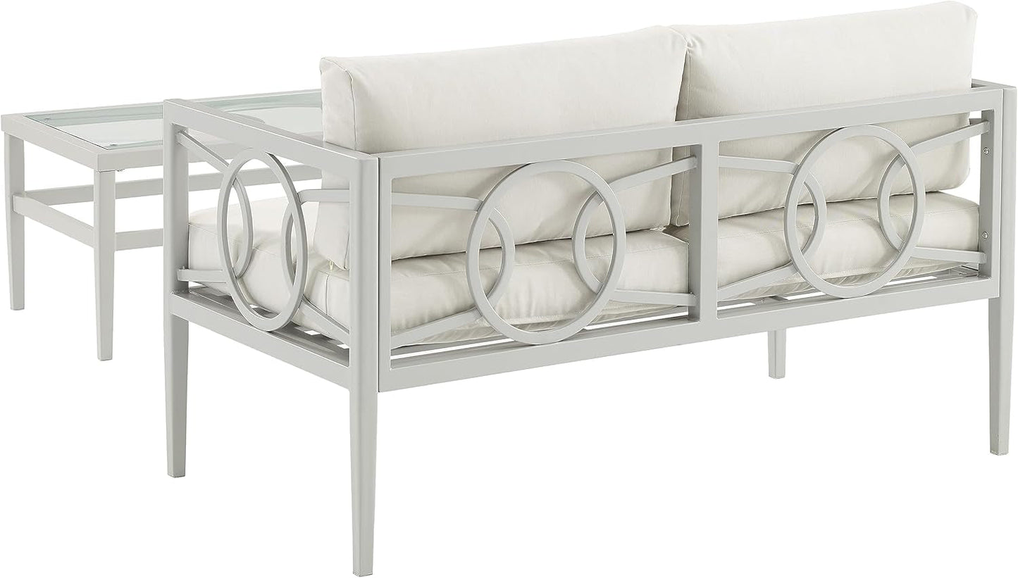 Ashford 2-Piece Outdoor Coffee Table and Loveseat Patio Furniture Set for Porch, Deck, Gray with Creme Cushions-2