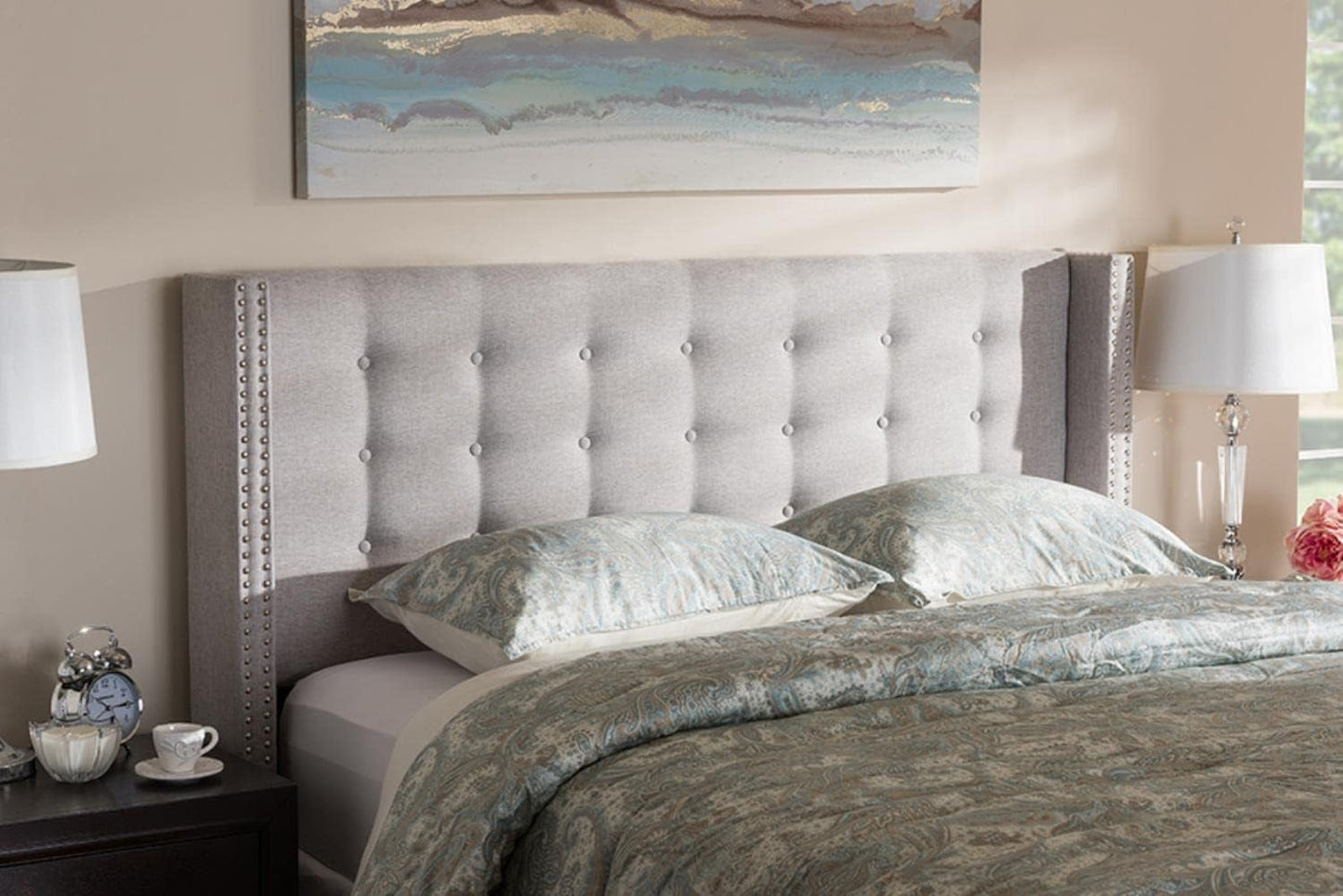Modern Greyish Beige Winged Tufted Fabric Queen Headboard-1