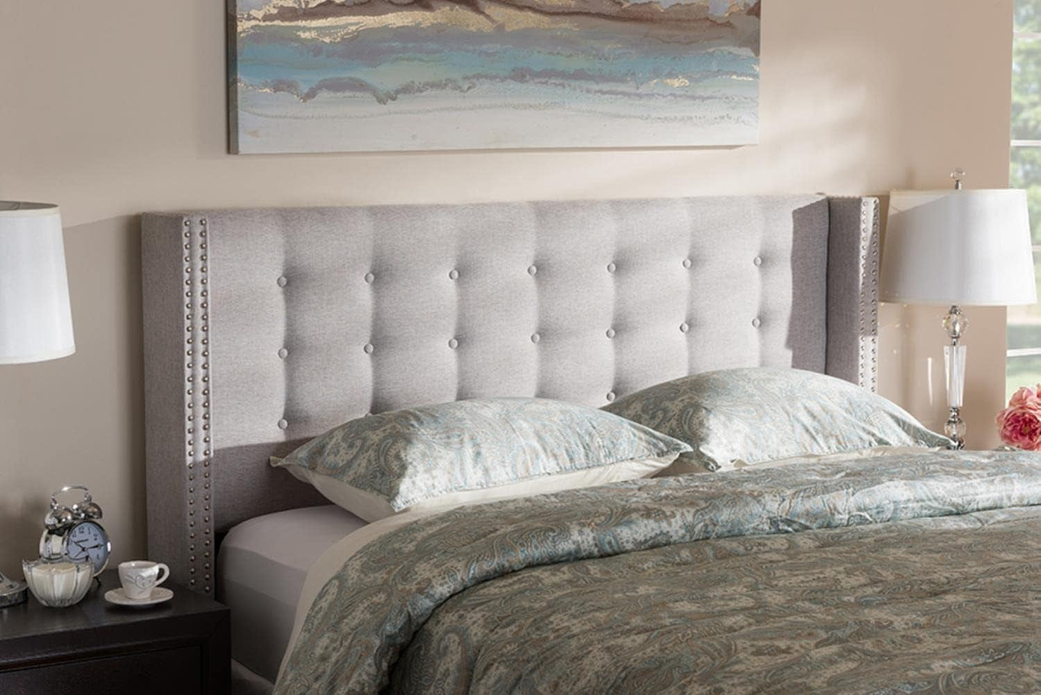 Modern Greyish Beige Winged Tufted Fabric Queen Headboard-1