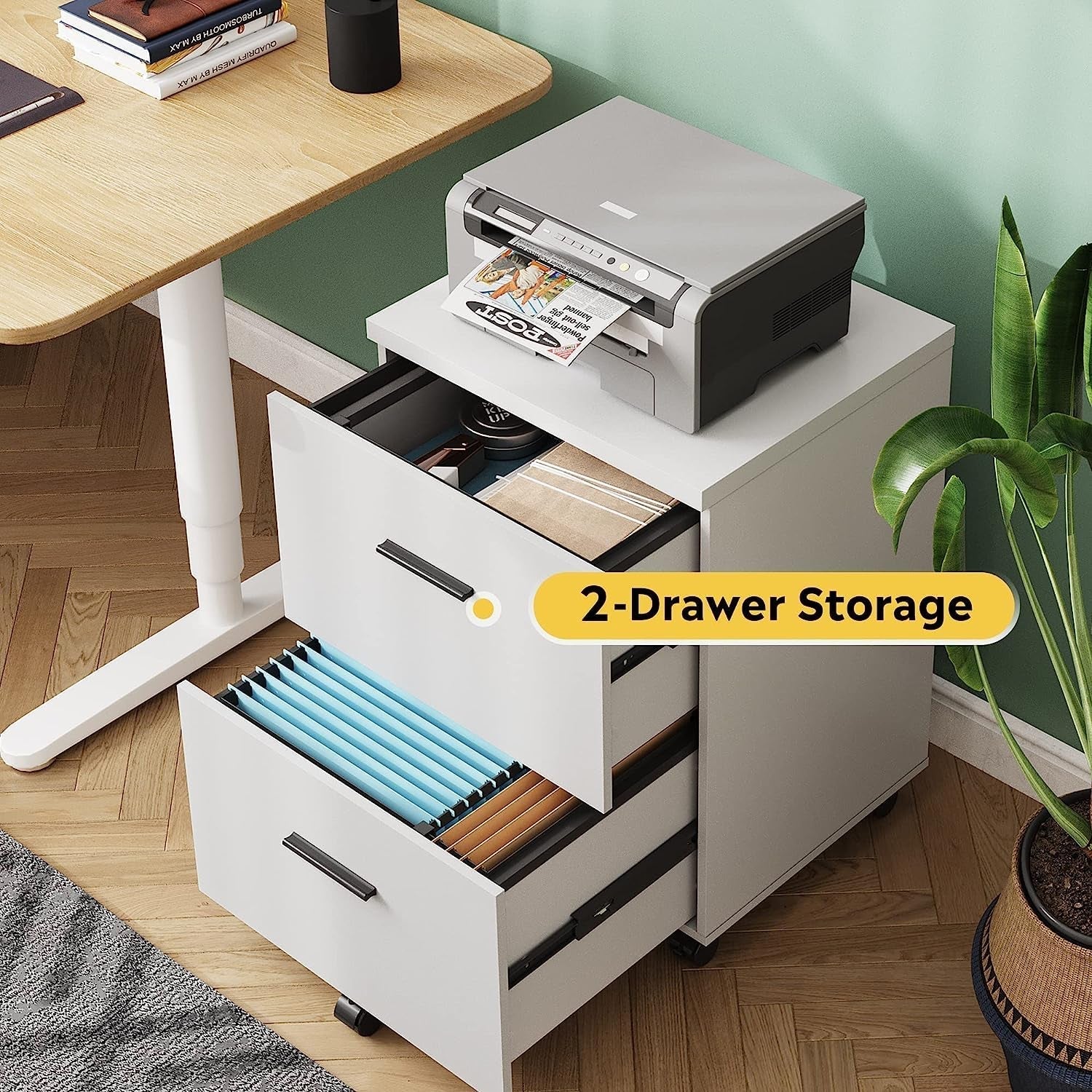 Mobile White Wood File Cabinet with Storage Drawers-3