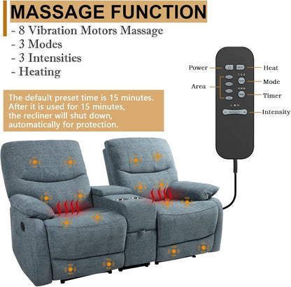 Double Reclining Loveseat - Fabric Home Theater Seating with Console - 2 Seater Manual Reclining Couch for Living Room, Office (Fabric- Blue)-2