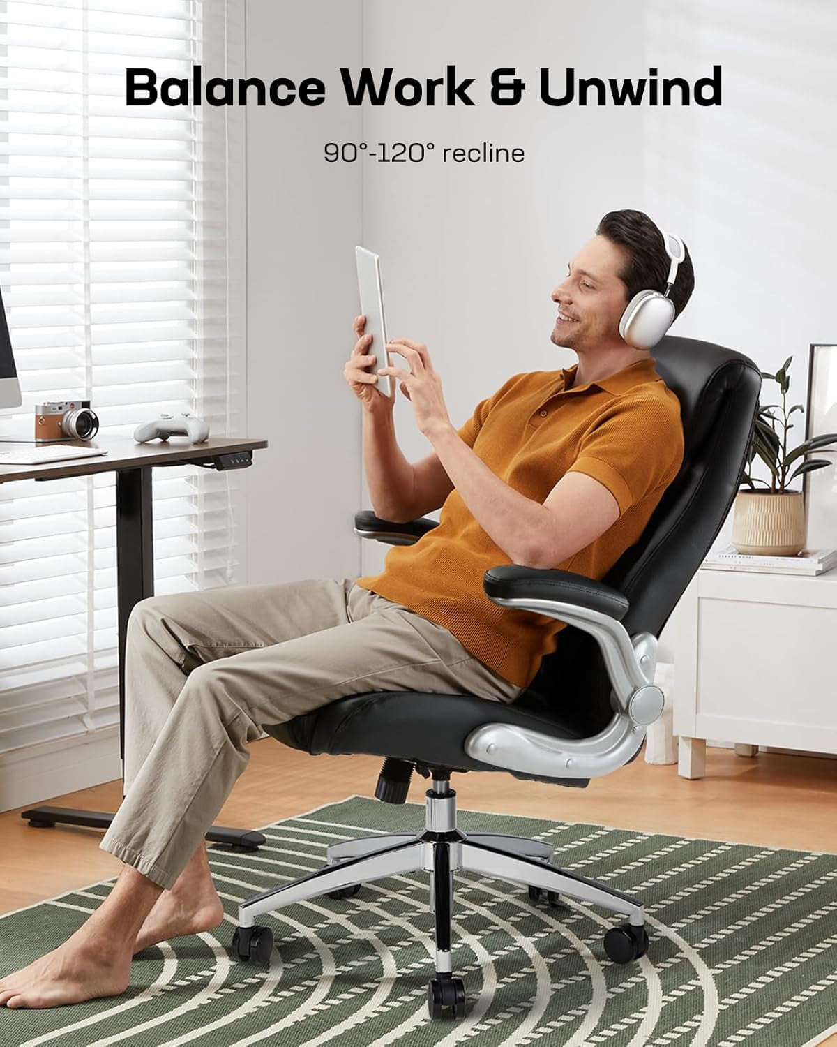 Comfortable-Office Chair with Dynamic-Lumbar Support: High Back PU Leather Executive Office Chair with Flip-Up Arms Tilt Function, Ergonomic Executive Desk Chair for Home Office Work, Black-4