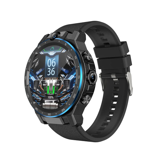 Black rugged sim smartwatch with round screen, buttons, and camera for independent calls