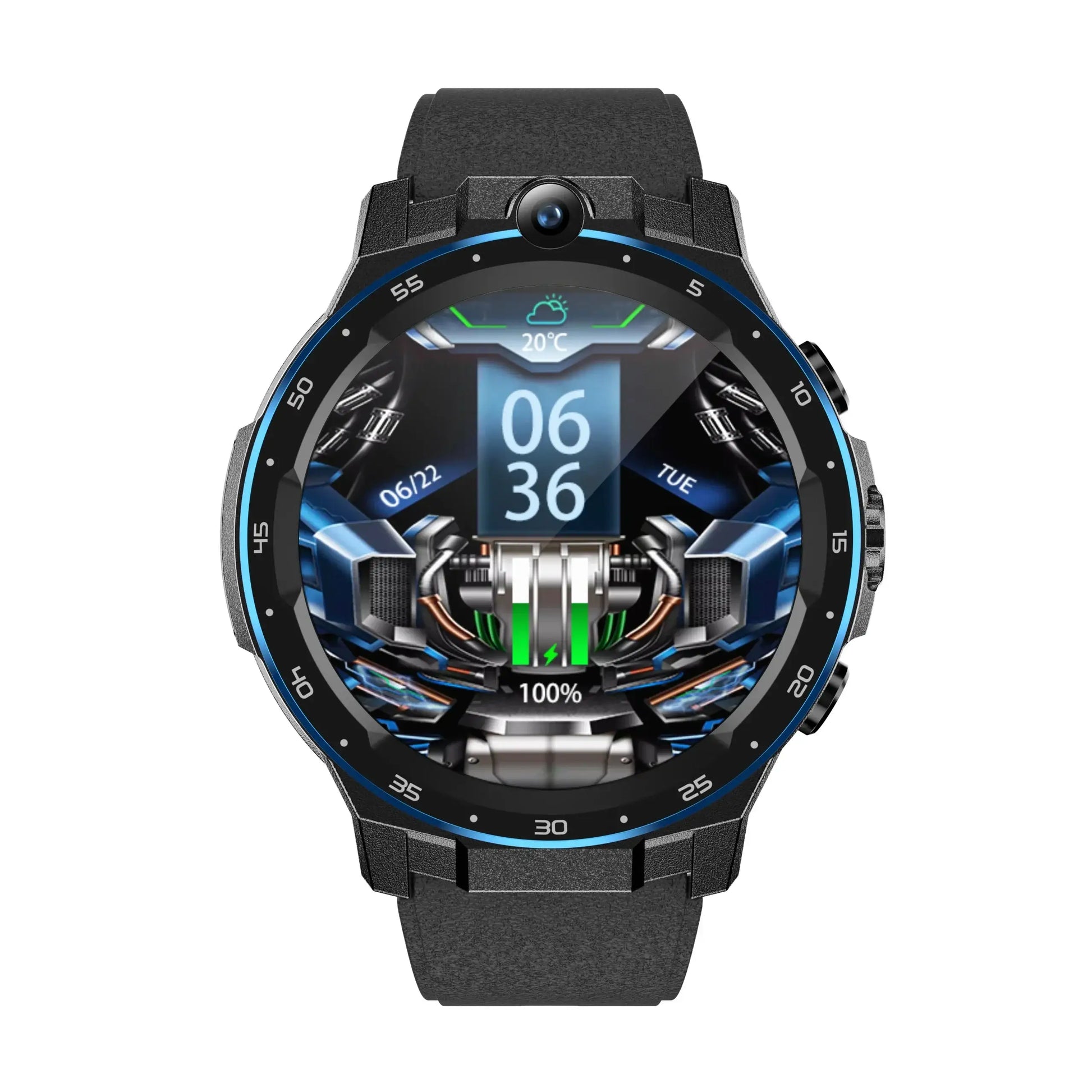 Black A5 Sim Smartwatch independent call video with blue-accented face showing time and weather