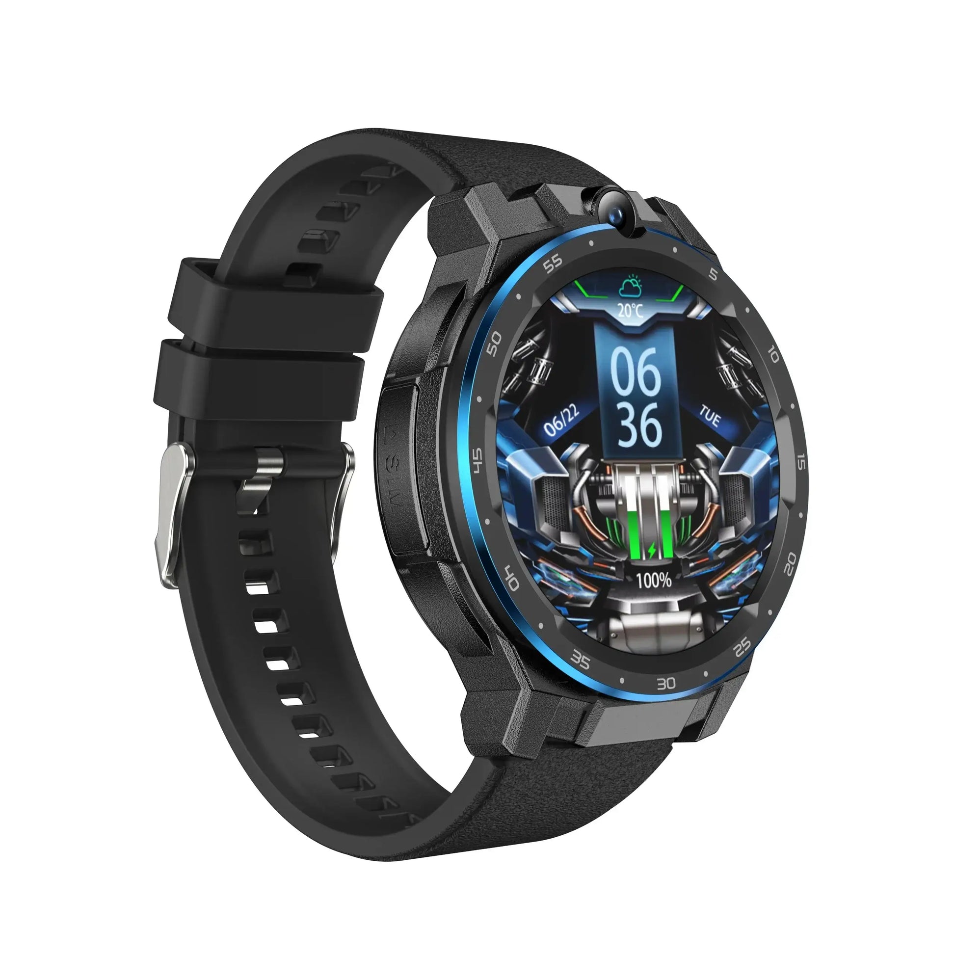 Black A5 Sim Smartwatch with round face and blue accents, independent call feature