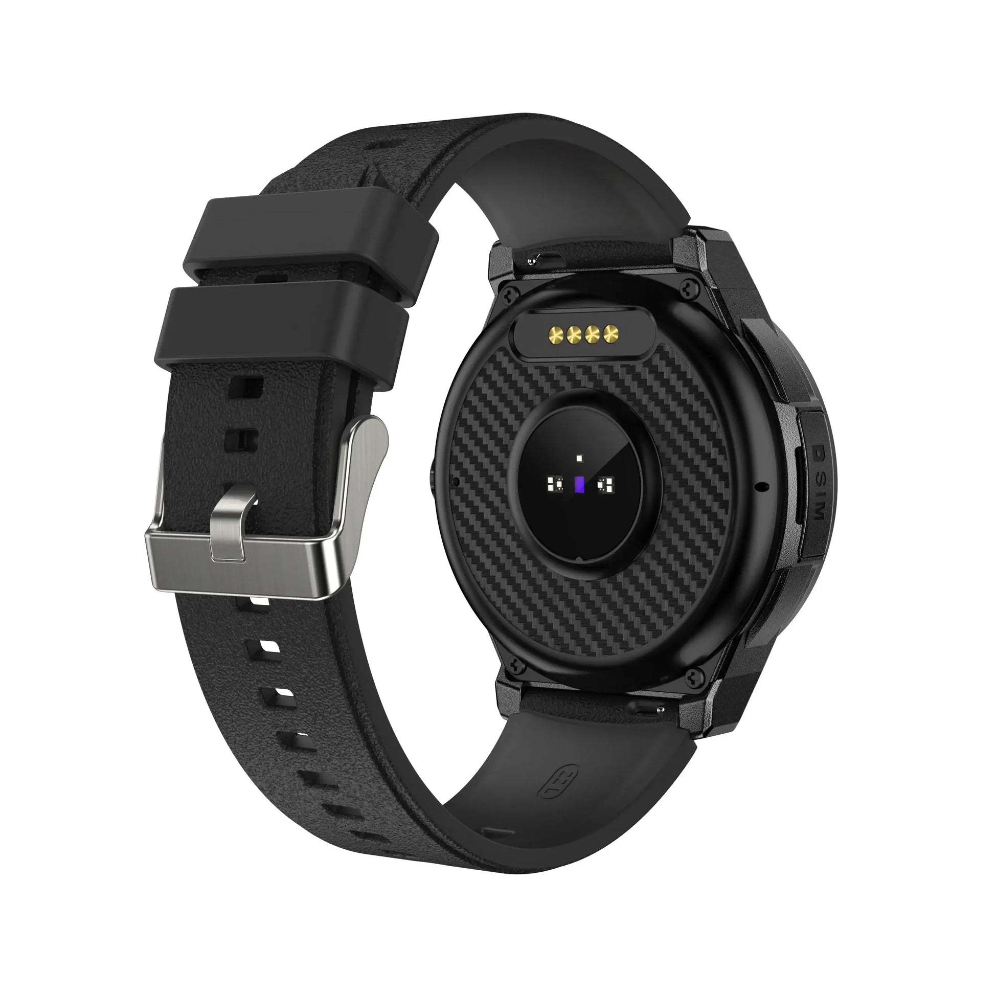 Black SIM Smartwatch with carbon fiber back and heart rate sensor for independent calling