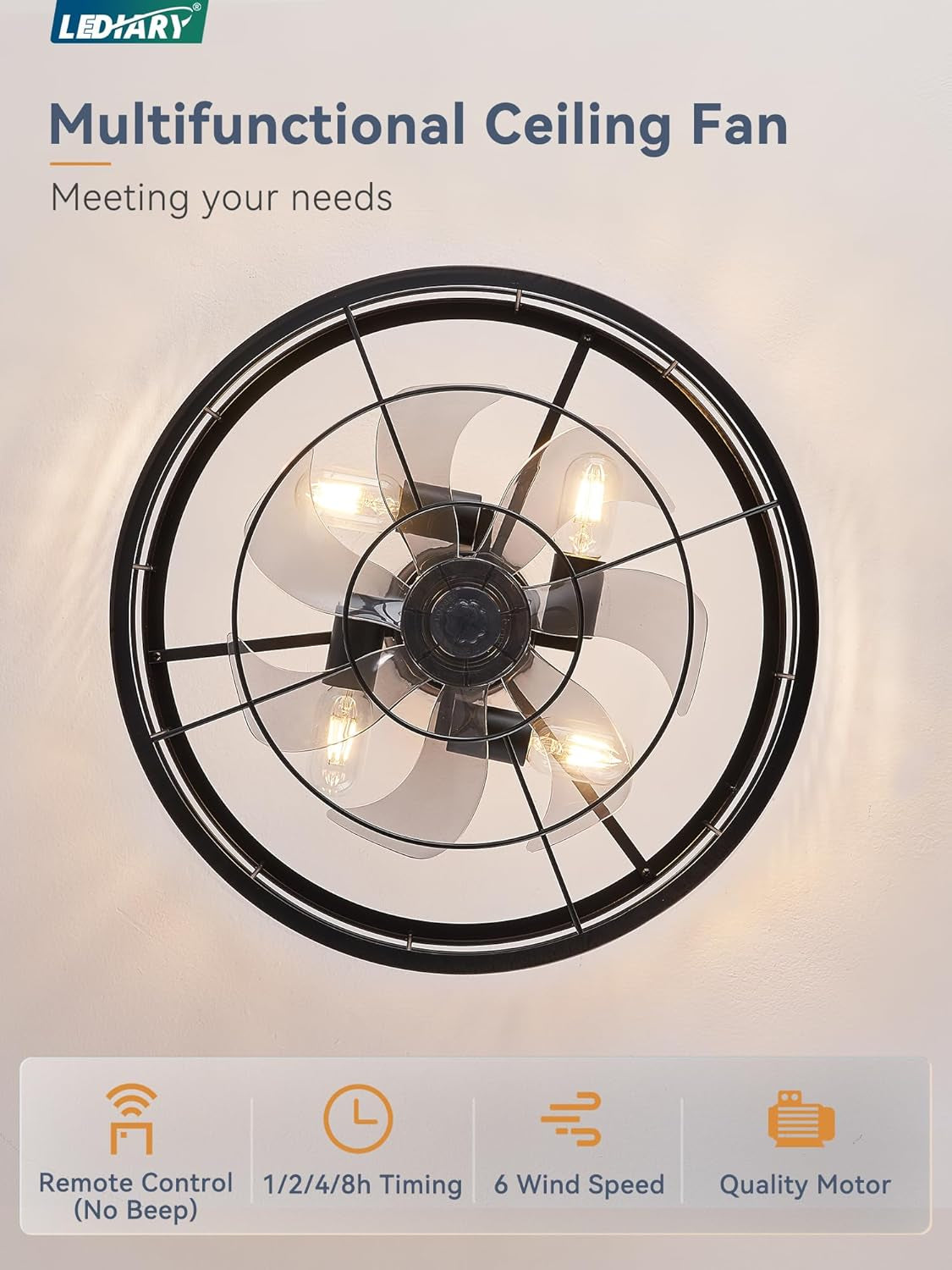 20 Inch Fandelier Caged Ceiling Fan with Light, Bladeless Ceiling Fan with Remote, Farmhouse Fan Lights Ceiling Fixtures for Kitchen, Bedroom, Outdoor(6 Speed, Timing)-Black-3