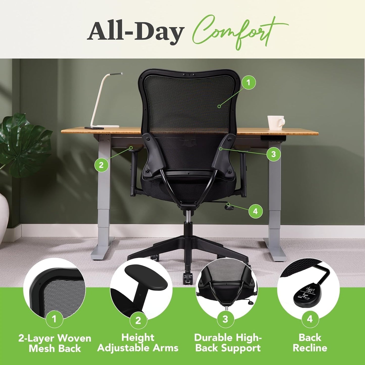 Wave High Back Office Chair Ergonomic Office Chair with Breathable Back Mesh Desk Chair with Wheels and Arms, 360 Swivel, Synchro-Tilt Recline - Home Office Desk Chair Comfortable for Long Hours-3