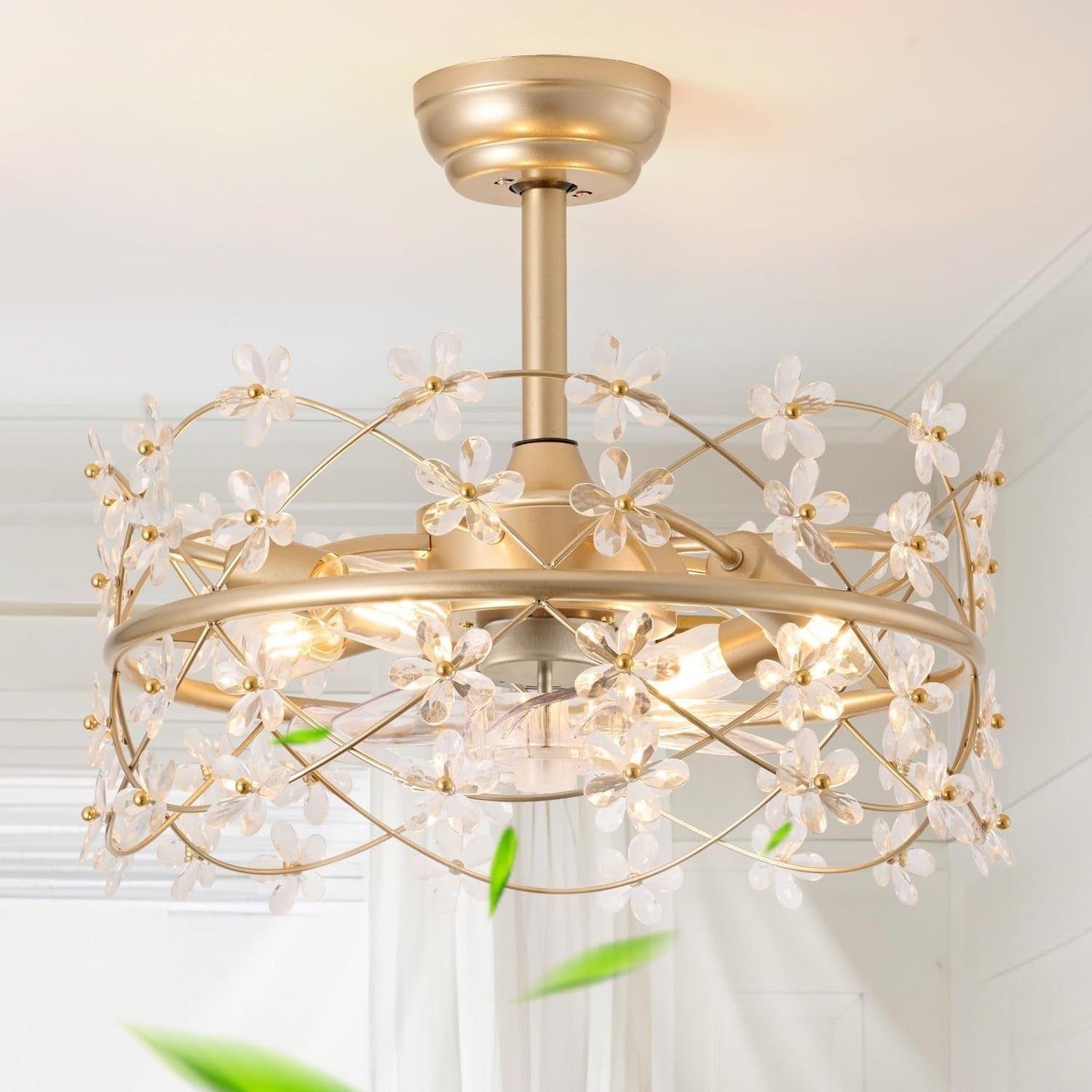 20 Inch Gold Caged Ceiling Fan with Light, Flower Chandelier Ceiling Fan with Lights Remote Control, Modern Crystal Fandelier 6 Speeds for Girl'S Bedroom, Living Room-0