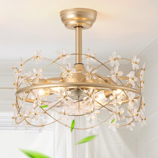20 Inch Gold Caged Ceiling Fan with Light, Flower Chandelier Ceiling Fan with Lights Remote Control, Modern Crystal Fandelier 6 Speeds for Girl'S Bedroom, Living Room-0