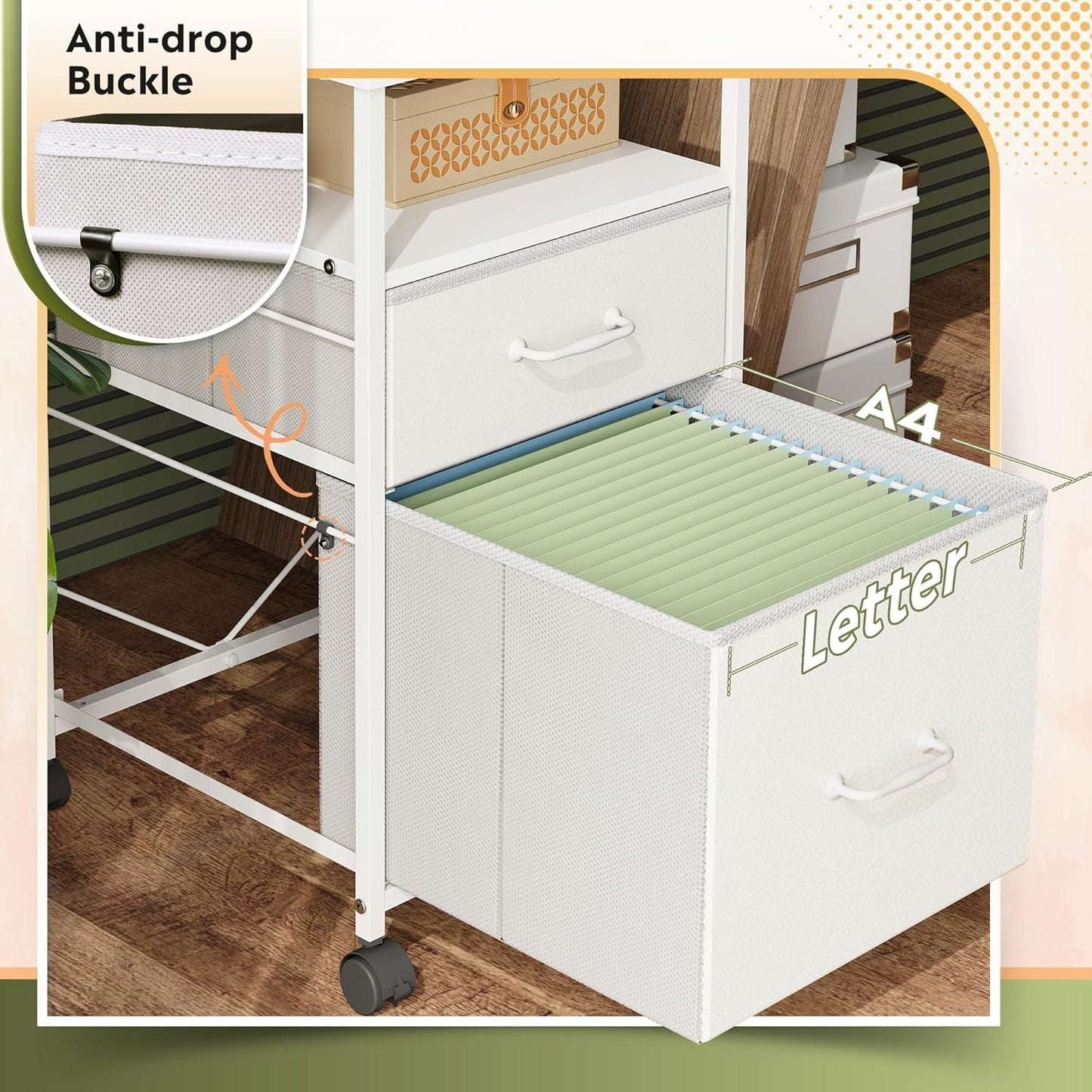 2 Drawer Fabric Vertical Filing Cabinet, Rolling Printer Stand, White-3