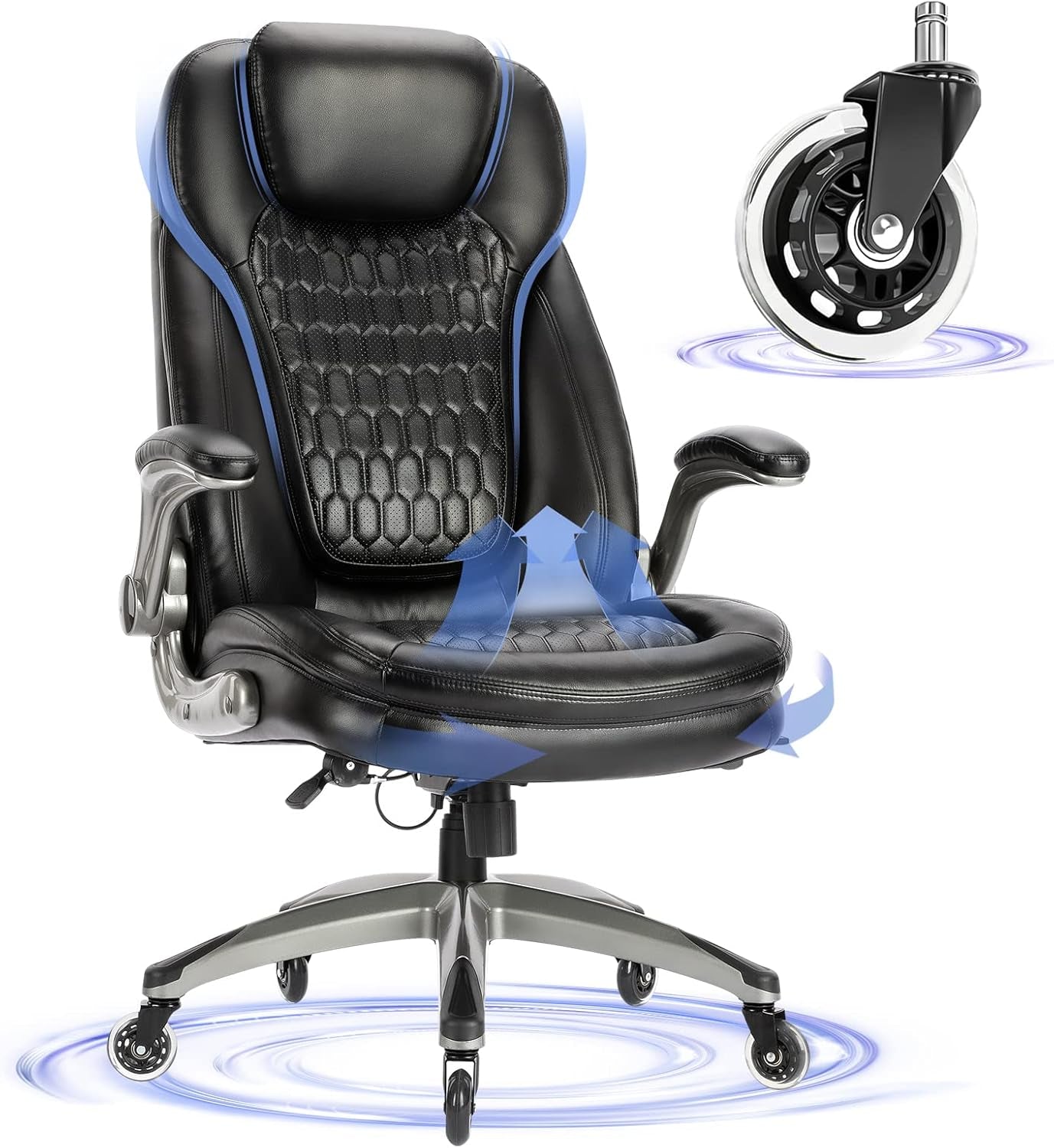 Executive Office Chair-Ergonomic Computer Desk Chair, High Back Leather Chair with Padded Flip-Up Arms, Swivel Home Office Chair Upgraded Caster-Black-0