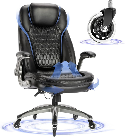 Executive Office Chair-Ergonomic Computer Desk Chair, High Back Leather Chair with Padded Flip-Up Arms, Swivel Home Office Chair Upgraded Caster-Black-0