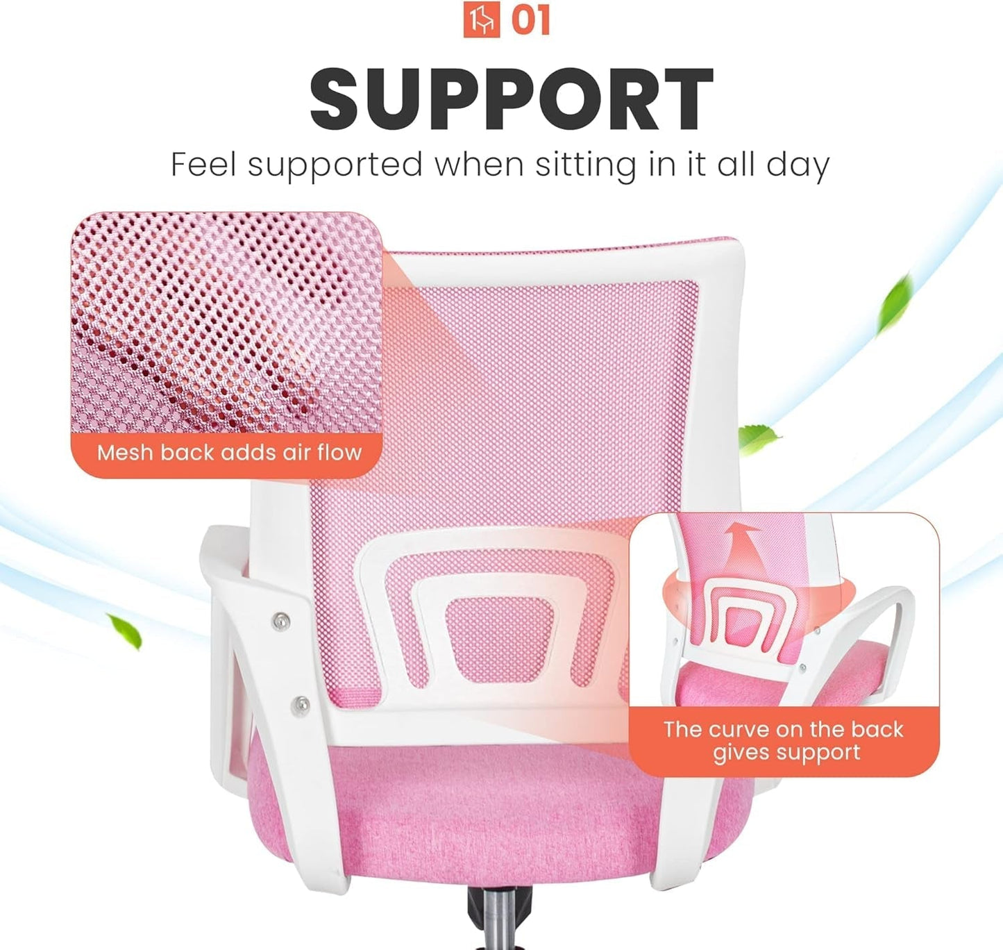 Office Chair Computer Desk Chair Gaming Ergonomic Mid Back Cushion Lumbar Support with Comfy Mesh Adjustable Swivel Rolling Home (Pink)-3