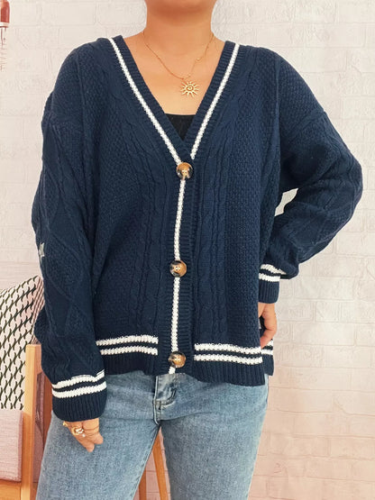 Star Pattern Button-Up Cardigan with Contrast Trim