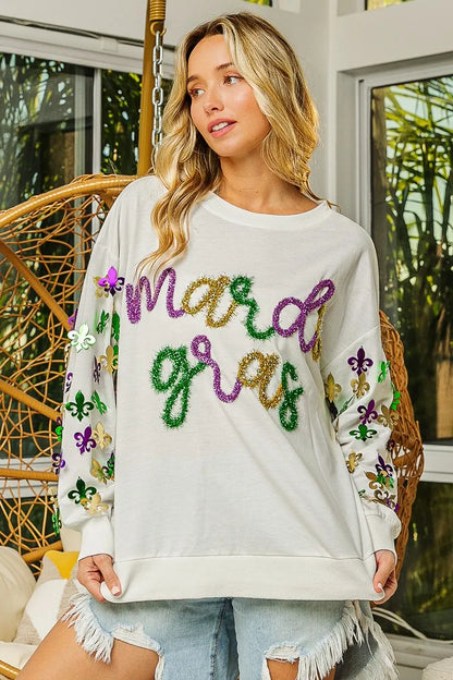 BiBi Fleur De Lis Sleeve Mardi Gras Pullover