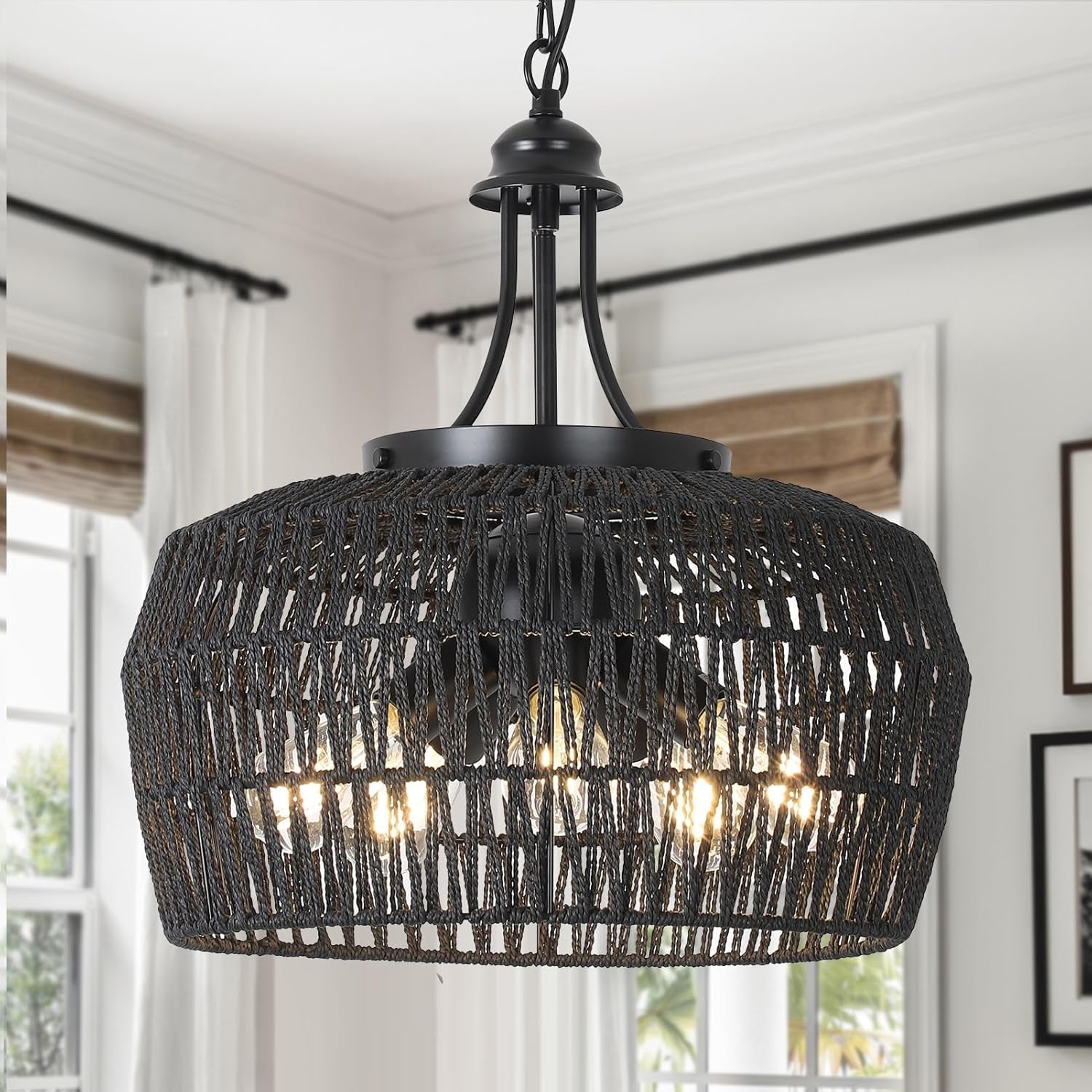5-Light Black Rattan Chandelier Farmhouse Dining Room-0