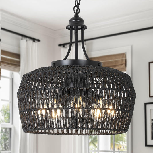 5-Light Black Rattan Chandelier Farmhouse Dining Room-0
