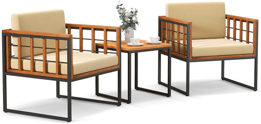 3 Pieces Patio Chair Set, Acacia Wood Outdoor Sofa Set with Metal Support, Soft Seat & Back Cushions Included, Cushioned Bistro Set for Balcony, Porch, Backyard (Beige)-0