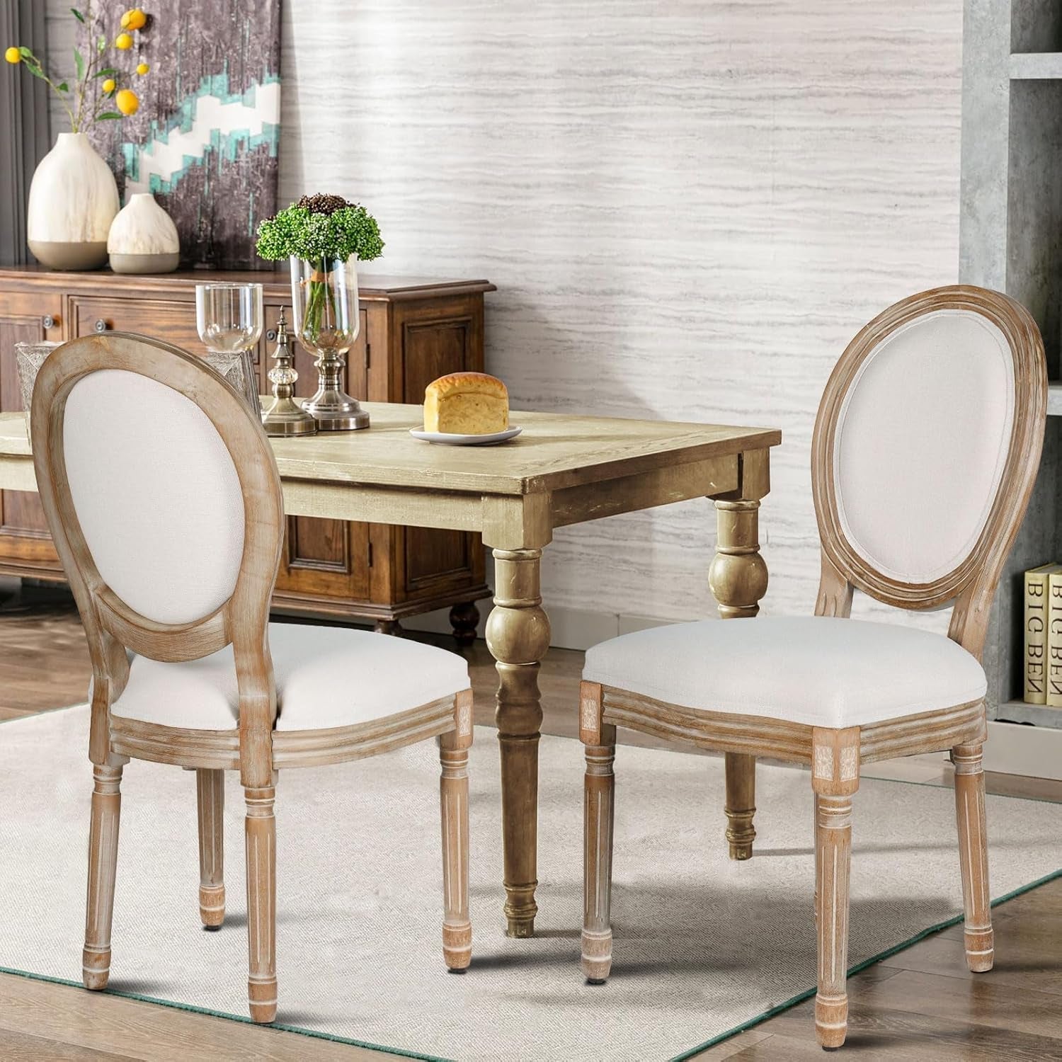 Dining Chairs Set of 2 Beige Fabric Square Back with Solid Wood Legs and Frame for French Country Kitchen Dining Room-1