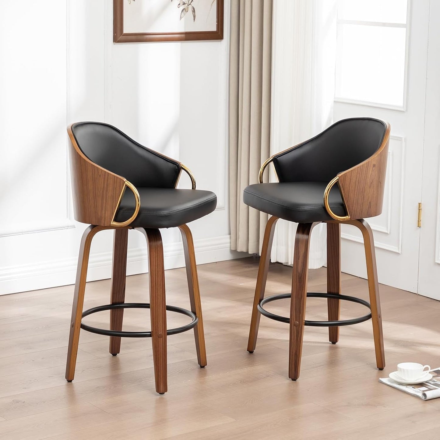 26 Inch Swivel Barstools Set of Two Black Leather-3