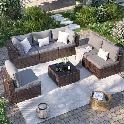 Patio Furniture Set, 7-Piece Outdoor Sectional with Waterproof Cover, All-Weather Wicker Patio Conversation Sets for Backyard (Brown with Grey Cushion)-1