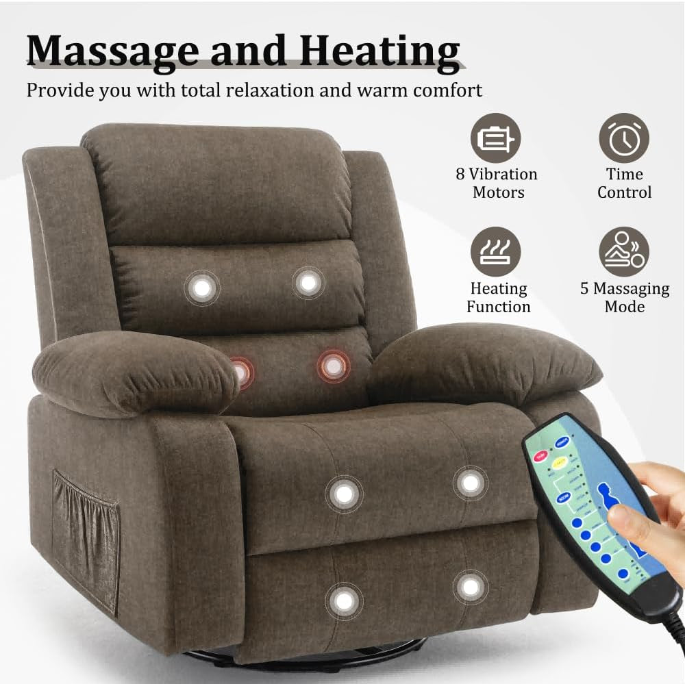 Recliner Chair, Wide Rocker Chair, Rocking Chair with Massage and Heat,360°Swivel Nursery Rocking Chairs, Oversized Recliner for Adults, Cashmere Reclining Sofa for Living Room, Brown-3