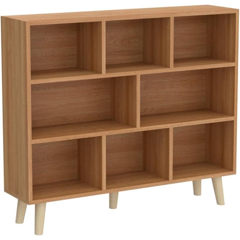 Wooden Open Shelf Bookcase - 3-Tier Floor Standing Display Cabinet Rack with Legs, 8 Cubes Bookshelf, Pear Yellow-4