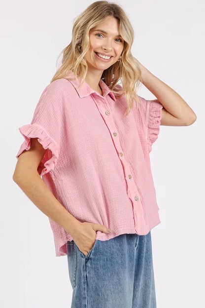Mittoshop Mineral Washed Button Down Flounce Sleeve Shirt