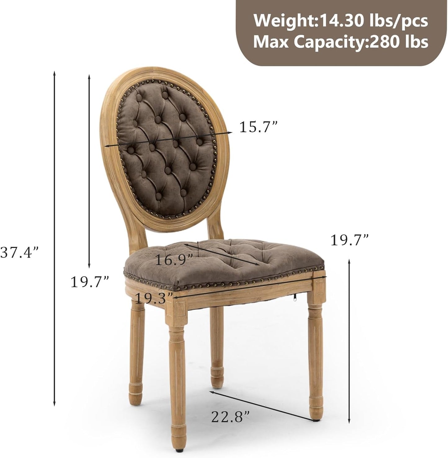 PU Leather Upholstered Dining Chairs Set of 6 French Country round Back Kitchen Side Chairs with Nailhead Trim and Wood Legs for Dining Room, Kitchen, Restaurant(Brown)-2