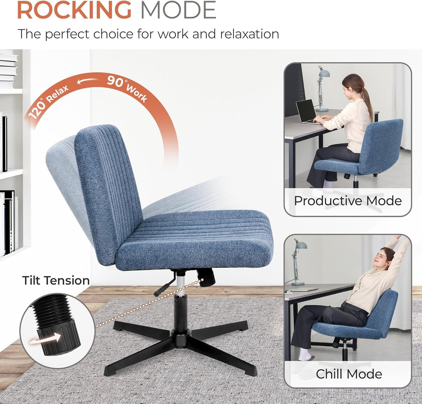 Cross Legged Office Desk Chair No Wheels Fabric Padded Modern Swivel Height Adjustable Wide Seat Computer Task Vanity Chair for Home Office Mid Back Accent Chair (Blue)-3