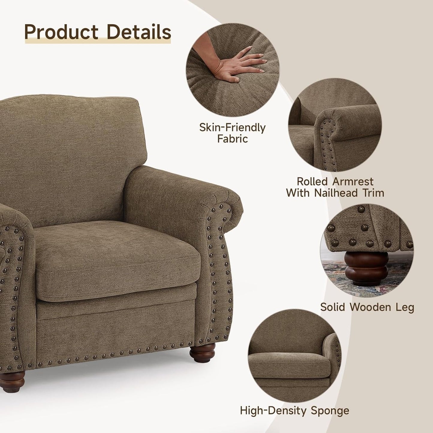Brown Nailhead Trim Armchair For Living Room Decor Accent-2