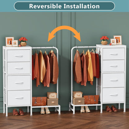 Dresser with Hanging Rack, Small Dresser 4 Drawers for Bedroom, Kids Dresser Reversable for Closet with Clothes Rack, Tall Chest of Fabric Drawers, Sturdy Frame, White, 44''H-4