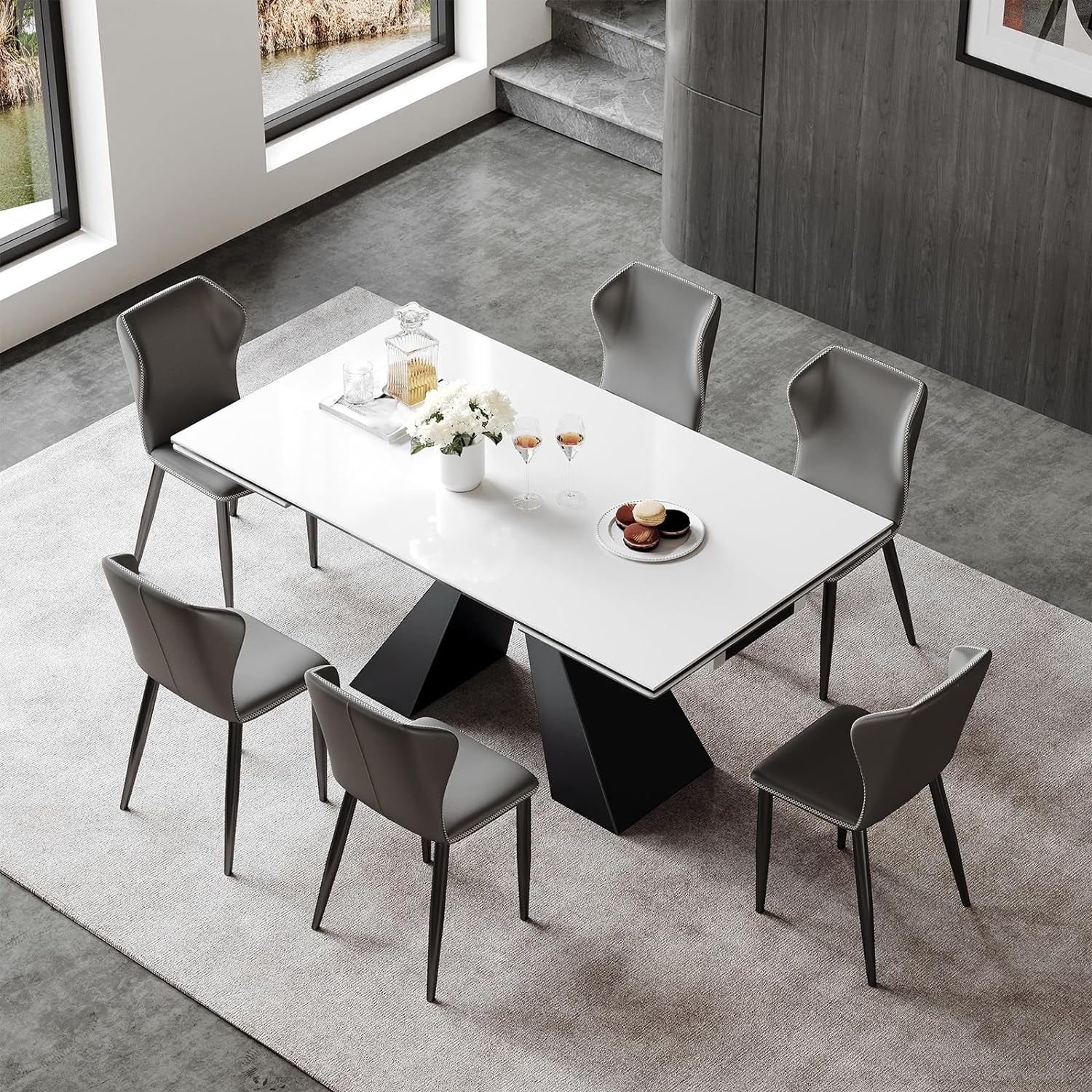 Extendable Dining Table for 8-12 Seat, Flexible Stretch, Tabletop Made from Rock Plate and Tempered Glass, Solid Carbon Steel Base, 35.4" D X 94.5" W X 30" H, White Top-3
