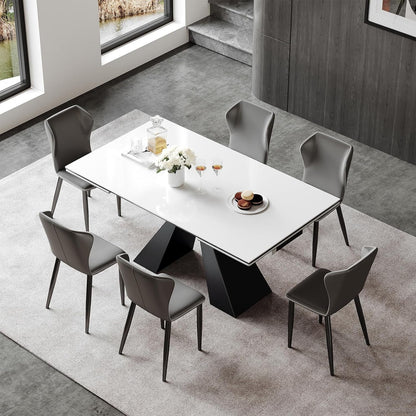 Extendable Dining Table for 8-12 Seat, Flexible Stretch, Tabletop Made from Rock Plate and Tempered Glass, Solid Carbon Steel Base, 35.4" D X 94.5" W X 30" H, White Top-3