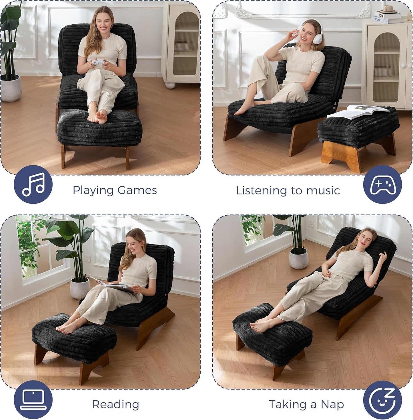 Black Adjustable Accent Chair With Ottoman Footrest-4