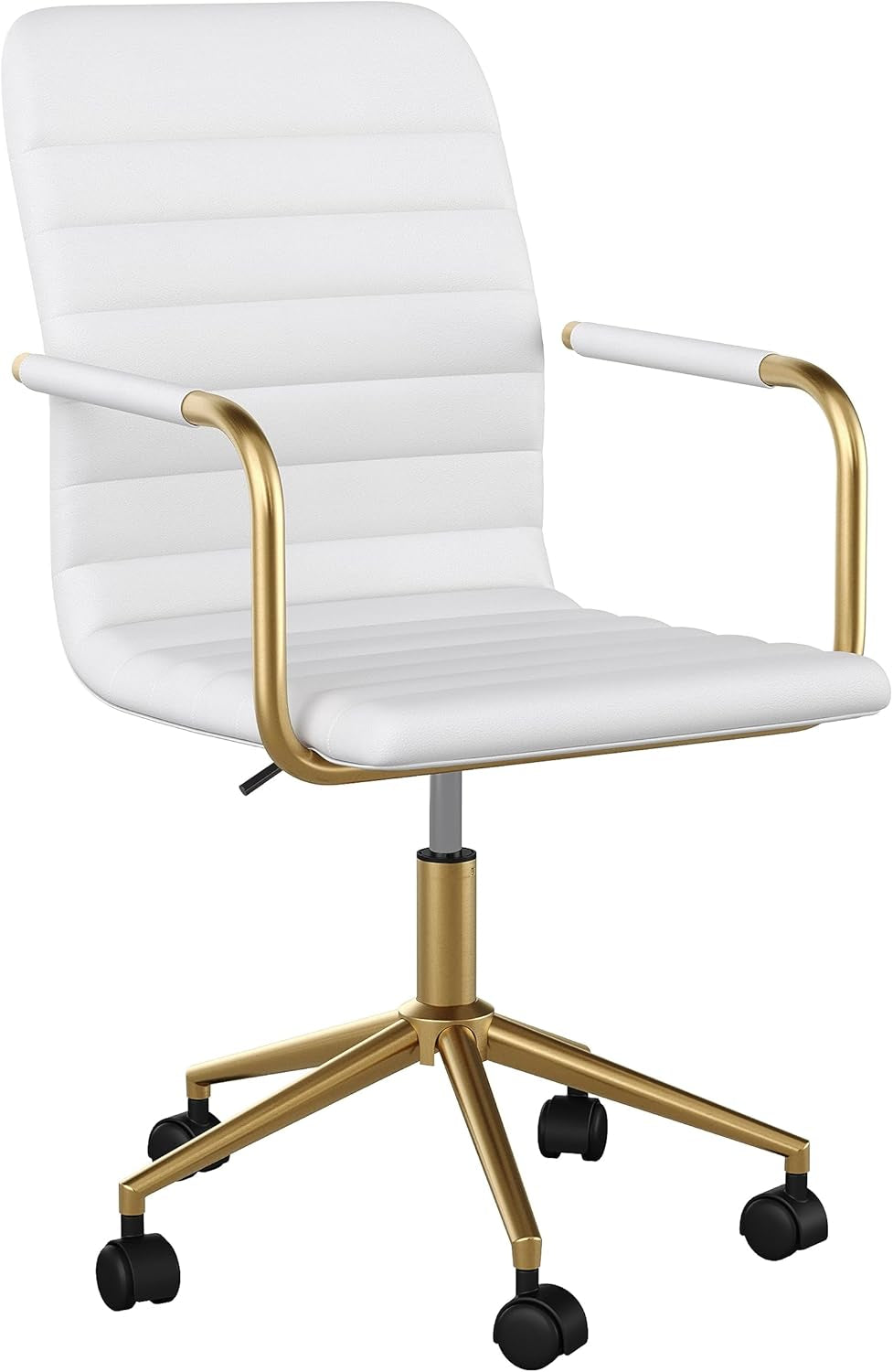 Taytum Swivel Task Chair with Armrests for Home Office in White Faux Leather with Polished Brass Frame-0