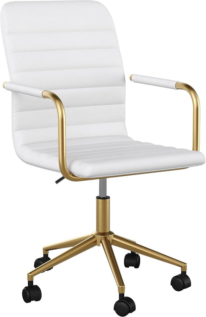 Taytum Swivel Task Chair with Armrests for Home Office in White Faux Leather with Polished Brass Frame-0