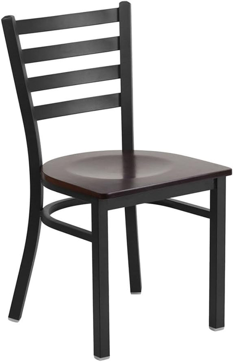 2 Pack HERCULES Series Black Ladder Back Metal Restaurant Chair - Walnut Wood Seat-0