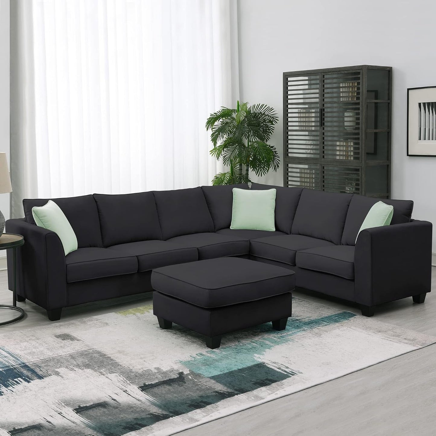 Large U Shaped Sectional Sofa with Removable Ottoman for Living Room, 7 Seats Modular Sofa with Wide Chaise Lounge & 3 Pillows, 112” Fabric Corner Couch Set for Large Space, Black-0