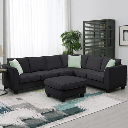 Large U Shaped Sectional Sofa with Removable Ottoman for Living Room, 7 Seats Modular Sofa with Wide Chaise Lounge & 3 Pillows, 112” Fabric Corner Couch Set for Large Space, Black-0